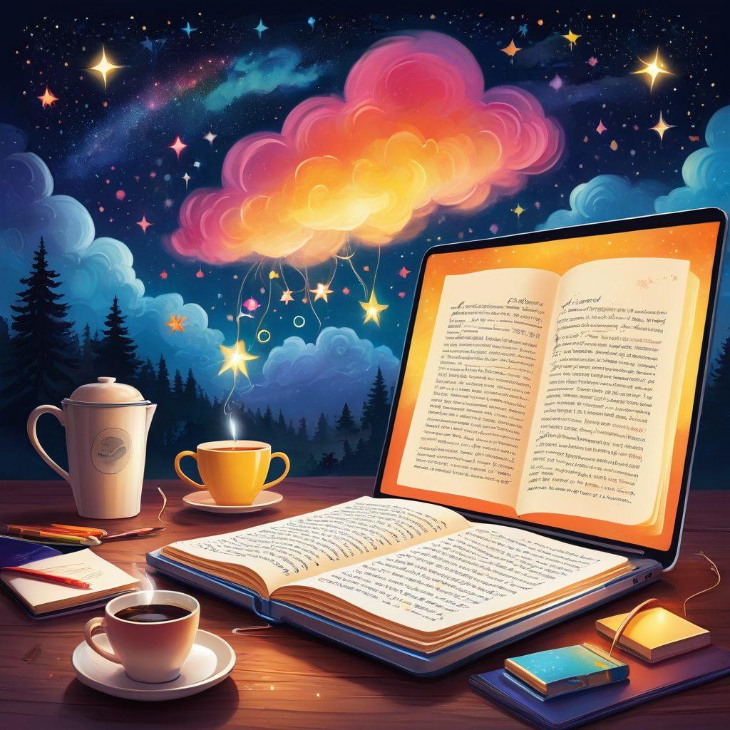 A whimsical illustration of an open digital diary with glowing pages, surrounded by colorful quirky blog icons like pens, coffee cups, and light bulbs. A storyteller is depicted in the background, lost in thought, typing on a laptop under a starry sky. Include elements representing creativity and inspiration like swirling clouds and vibrant colors. vector art. vibrant colors.