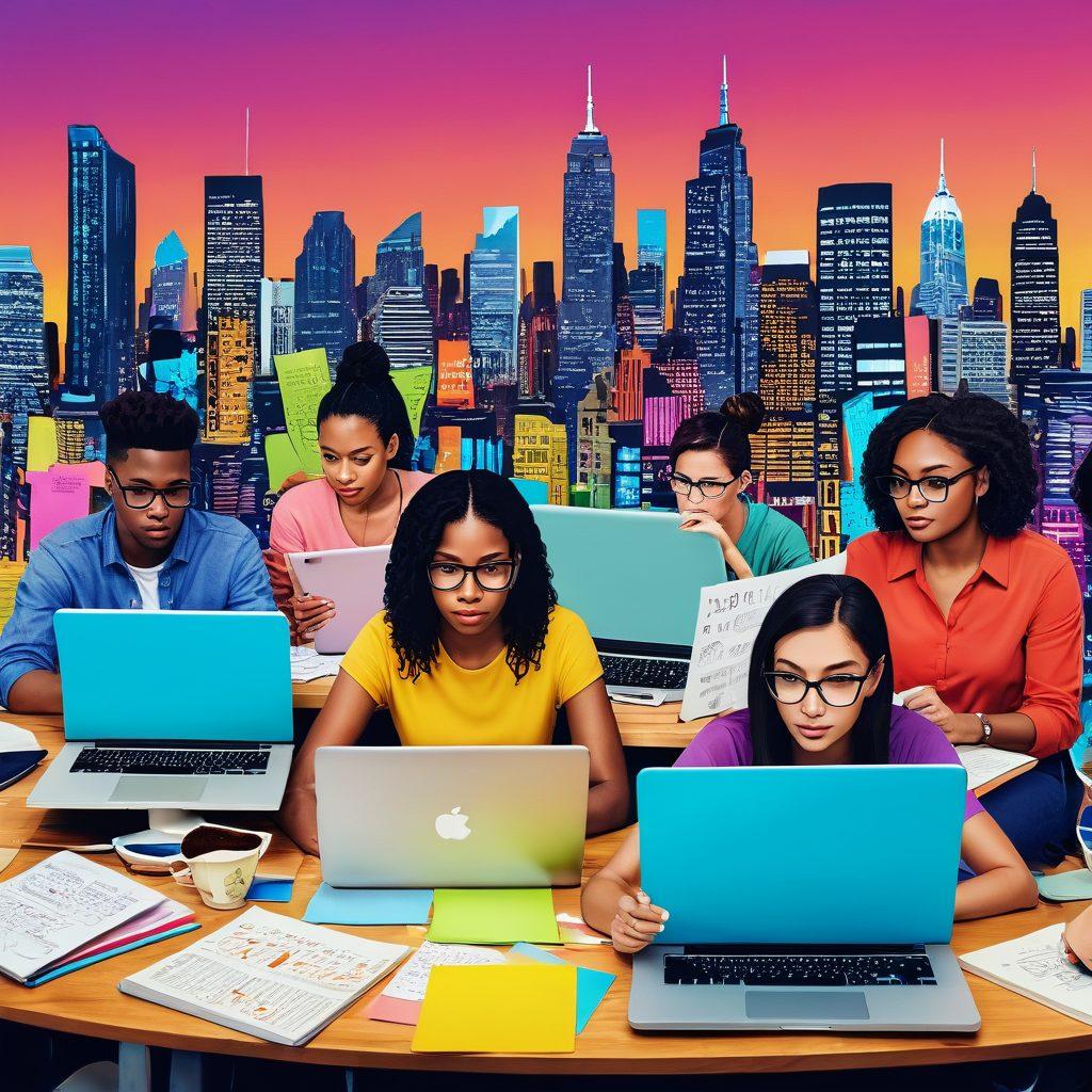 A dynamic illustration of a diverse group of bloggers at their laptops, surrounded by colorful notes and creative elements like pens, coffee cups, and books. In the background, a vibrant city skyline symbolizes the online world, with floating digital icons representing social media and blogs. An explosion of colors and unique styles showcases individuality in storytelling. super-realistic. vibrant colors. 3D.