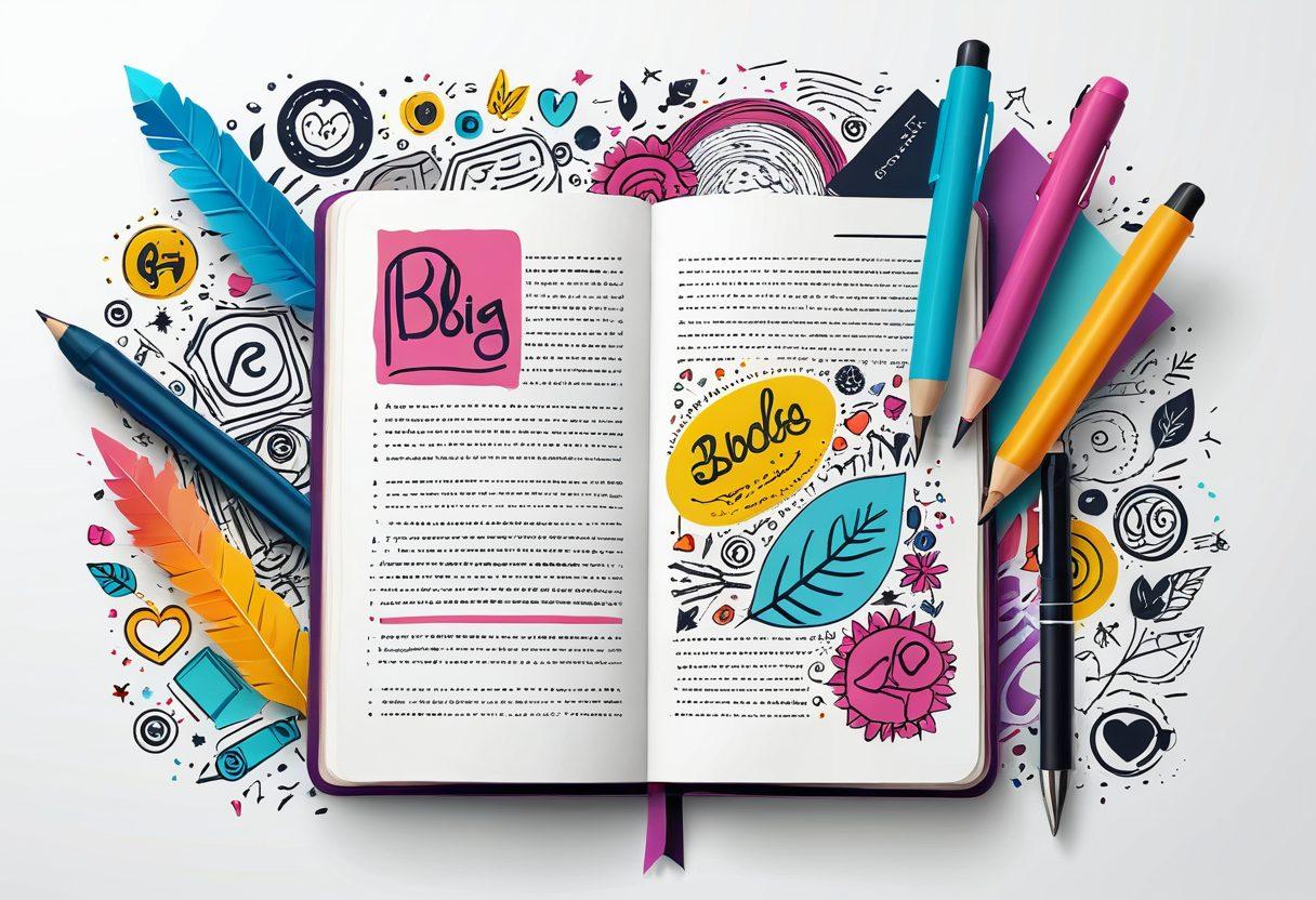 A vibrant, open diary with colorful pages overflowing with handwritten notes and artistic doodles, surrounded by a digital world of floating blog post icons and social media symbols. A quill pen rests on top, symbolizing creativity, while a digital tablet displays a creative blog interface. Bright, inviting colors evoke a sense of inspiration and exploration. vector art. vibrant colors. white background.